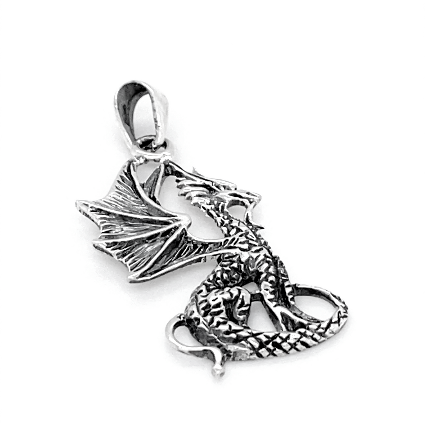 A Super Silver Mythical Dragon Pendant on a white background.