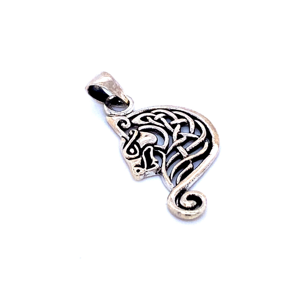 A Super Silver Celtic Dragon Head Pendant with an intricate Celtic weave design.