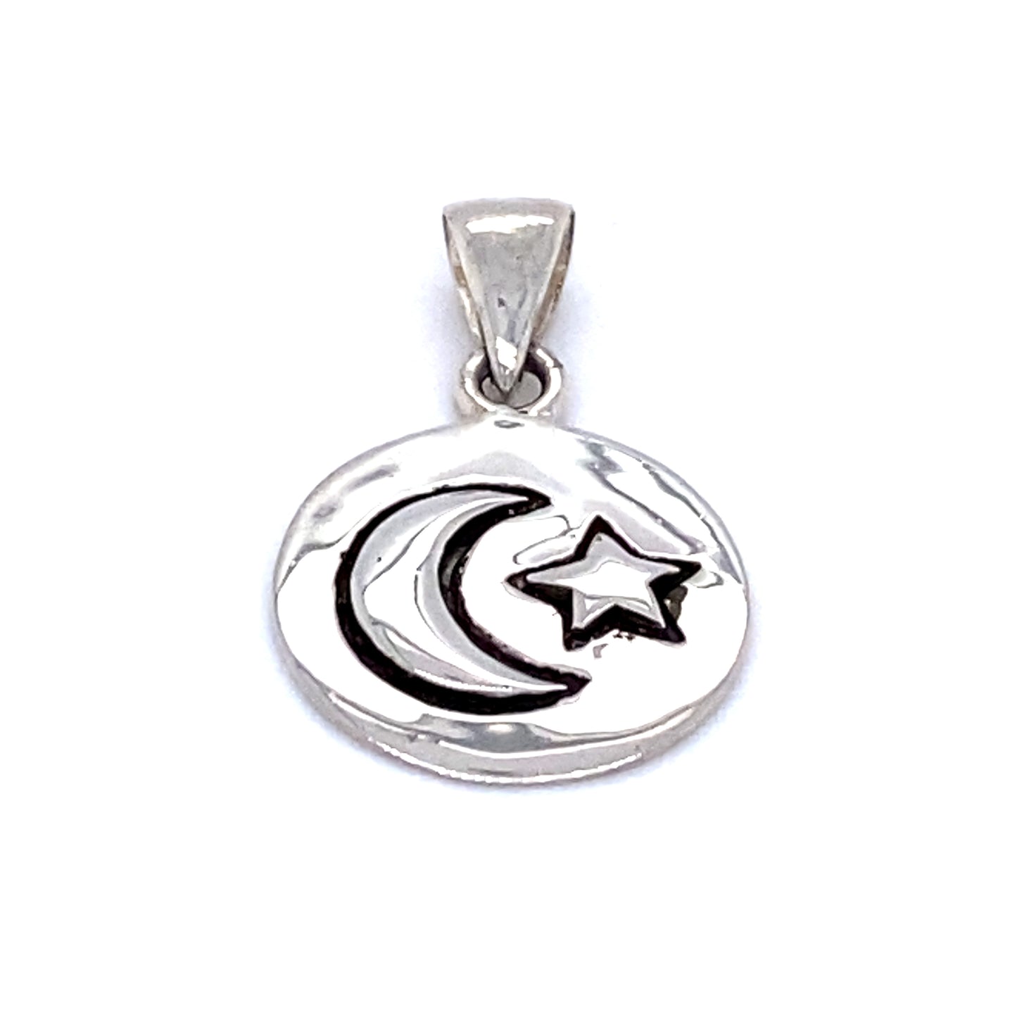 A Super Silver Moon And Star Pendant with a crescent and star on it.