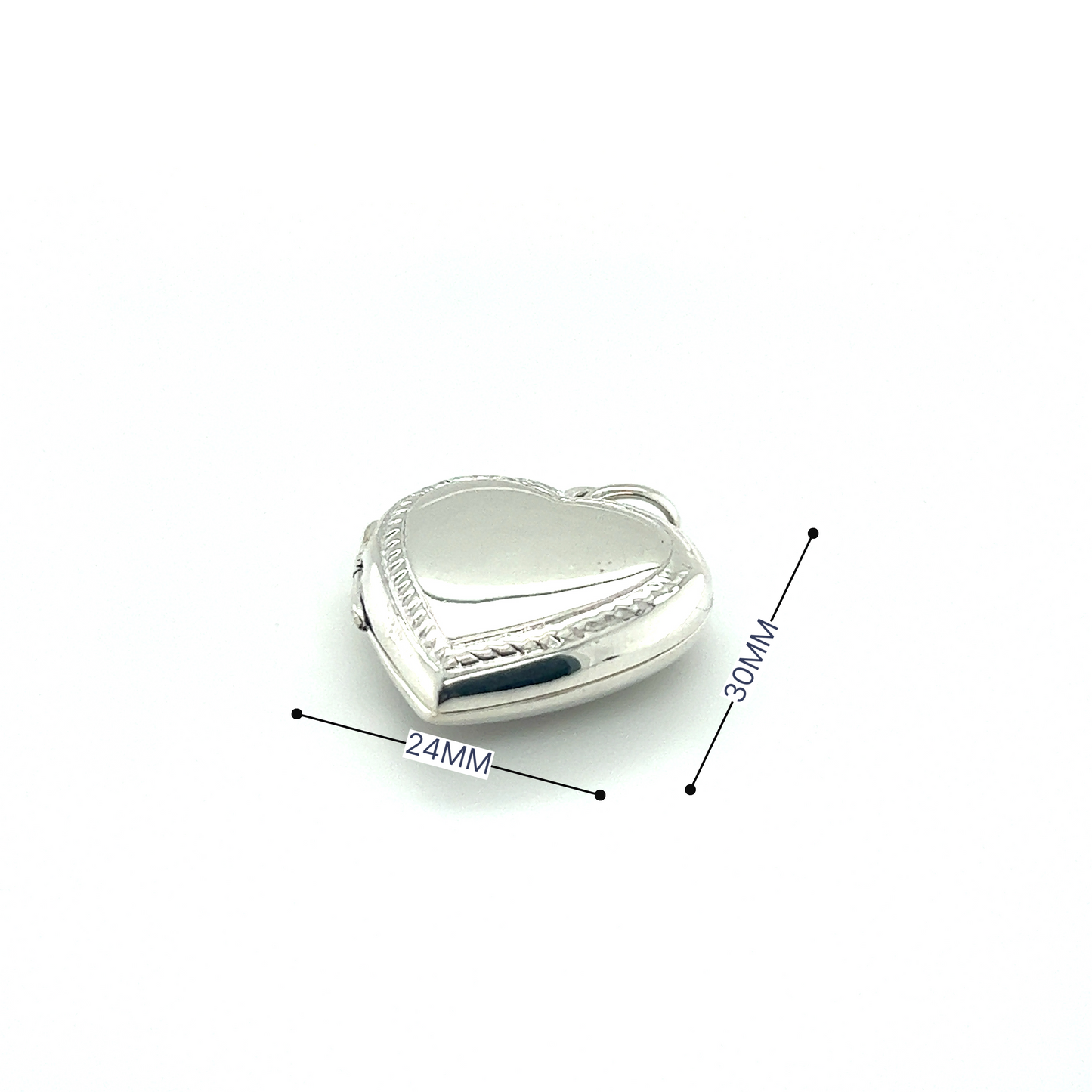 
                  
                    A Super Silver Heart Locket with Delicate Rope Border designed to commemorate, with measurements.
                  
                