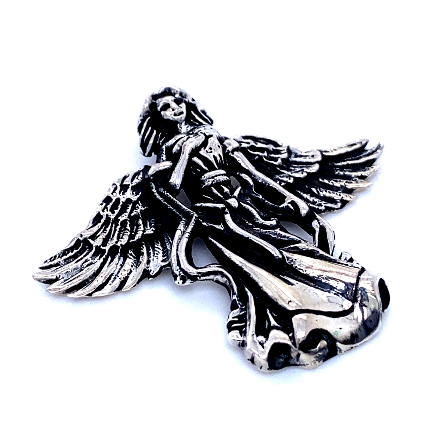 A Super Silver Flowing Angel Pendant With Hand Over Heart with wings on a white background.