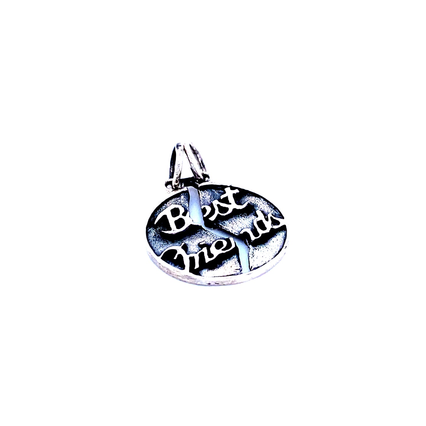 An "Best Friends" Break Apart Charm made of sterling silver, engraved with the words "best friend", by Super Silver.