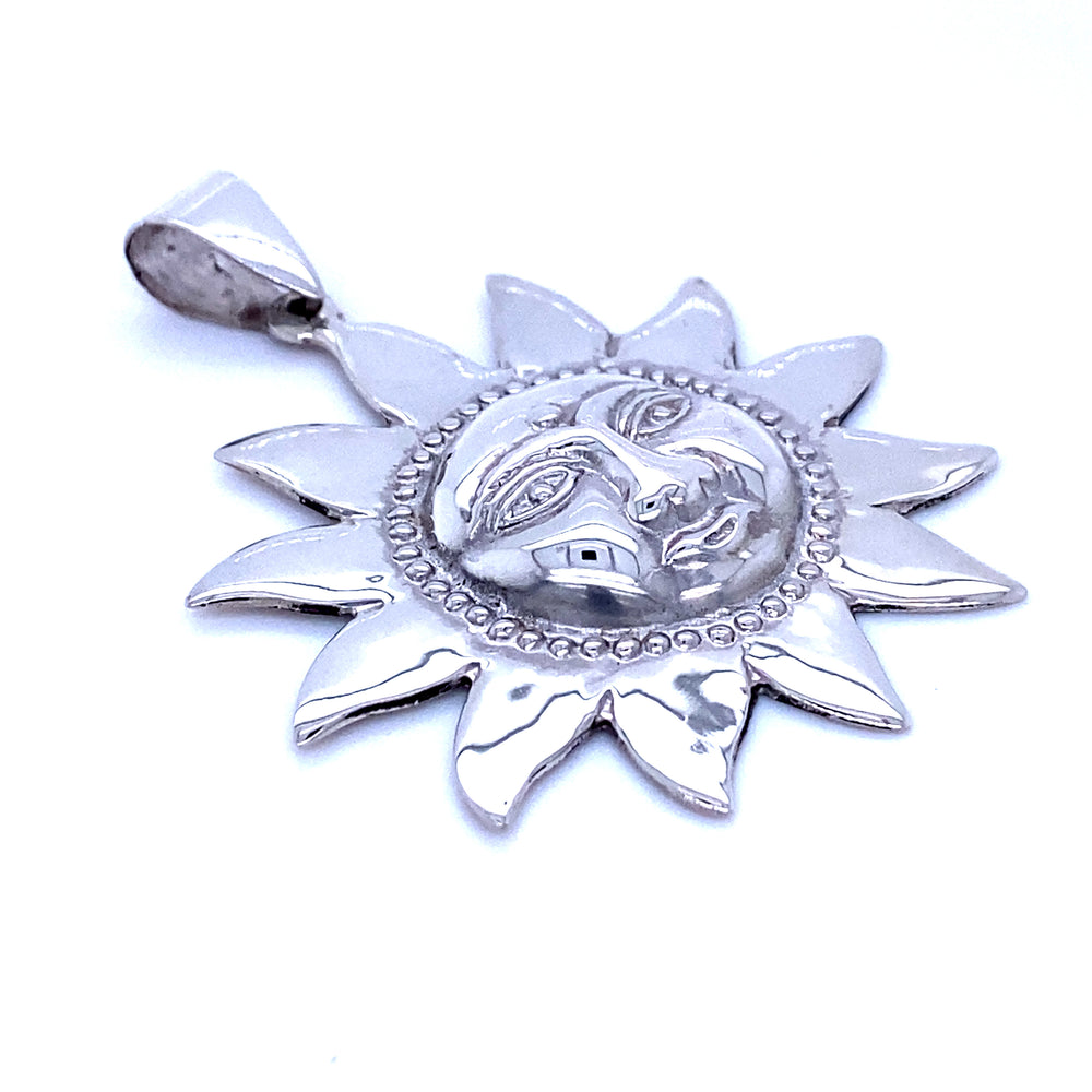 A Super Silver Sun God Pendant, representing the Sun God in Hinduism, showcased on a pristine white background.