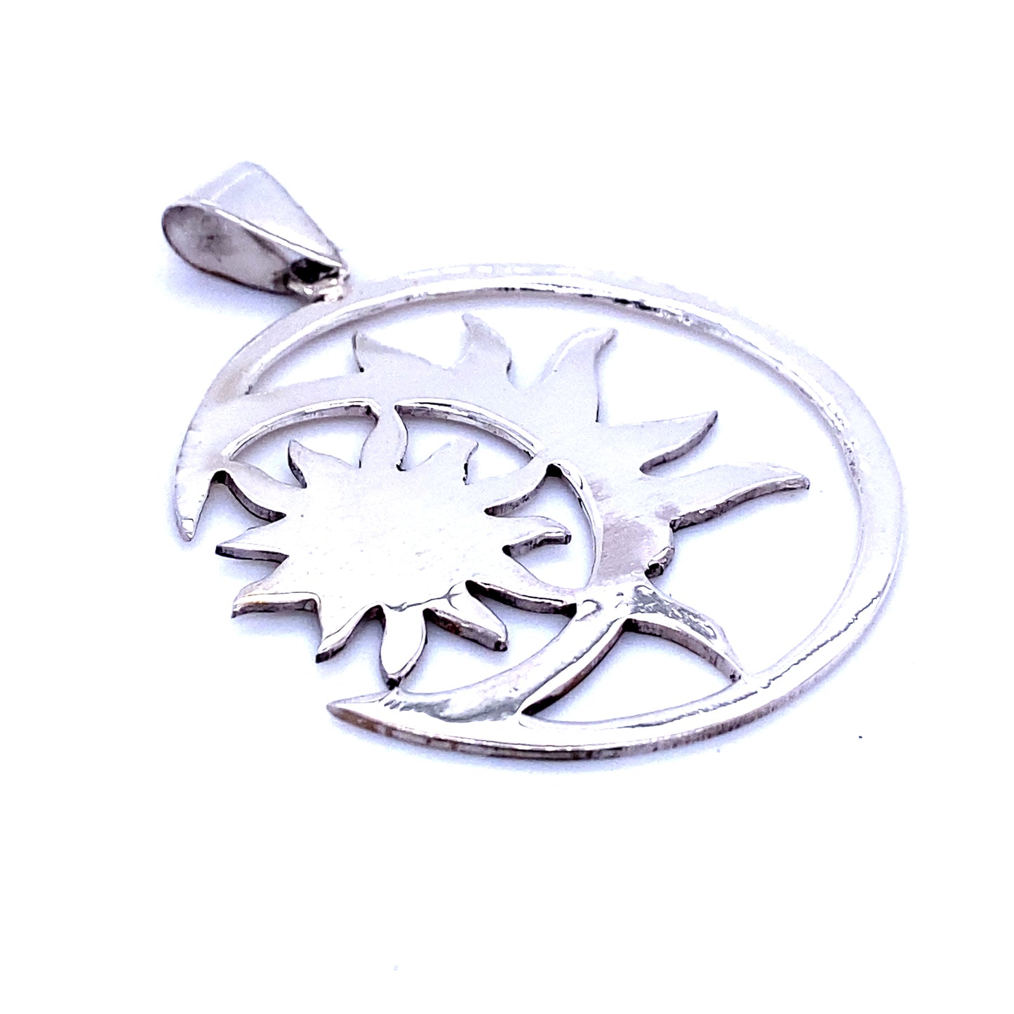
                  
                    A Super Silver Brilliant Sun in Moon Pendant, representing the divine balance of the sun and moon.
                  
                