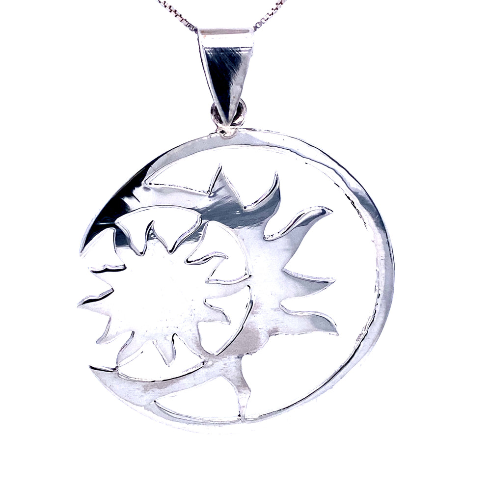 
                  
                    This Brilliant Sun in Moon pendant from Super Silver represents the balance and divinity.
                  
                