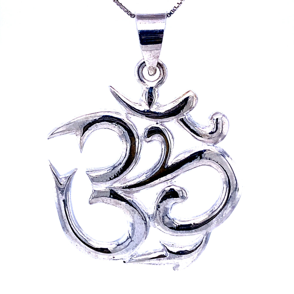 A Super Silver Statement Om pendant representing unity and the universe, showcased on a pristine white background.