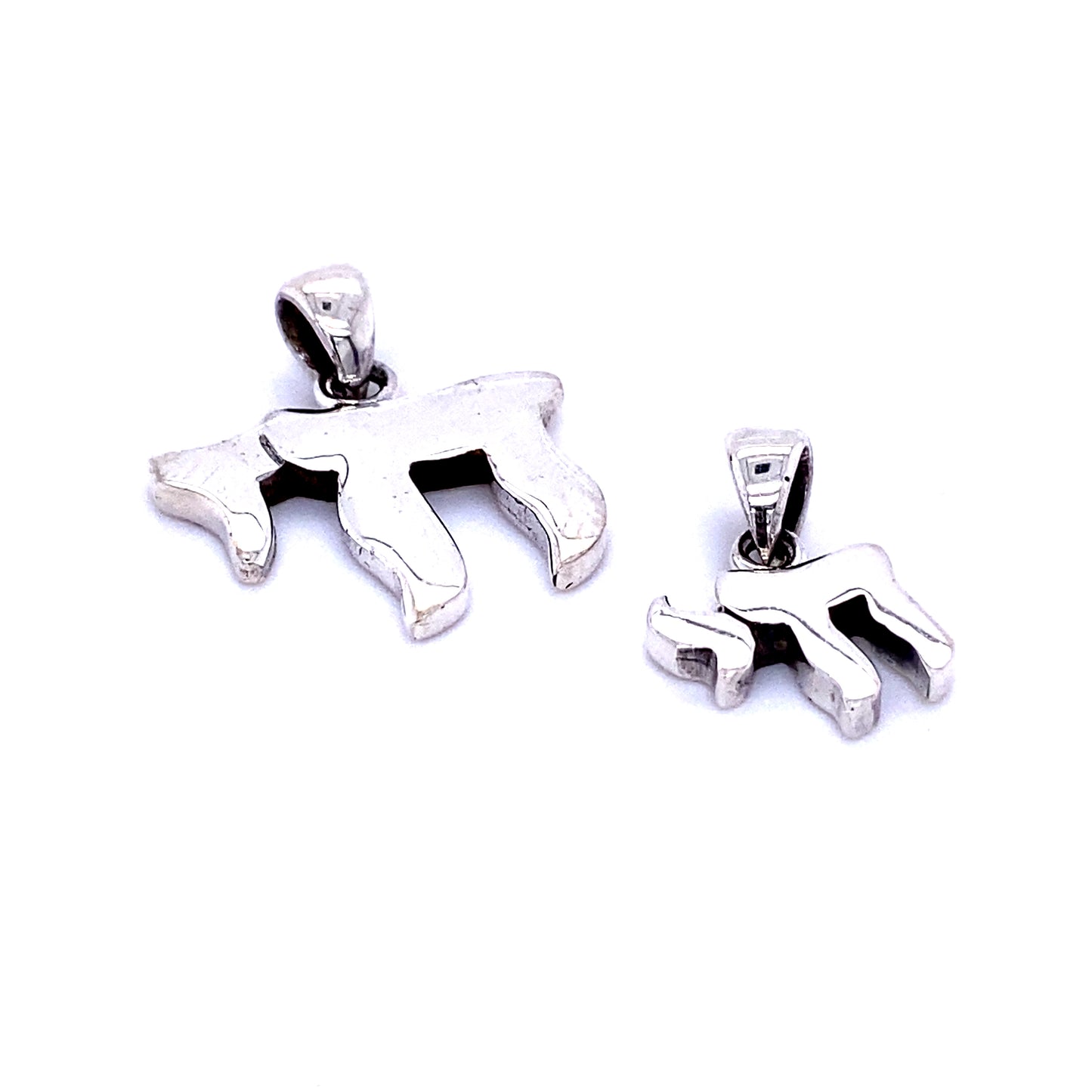 A pair of Super Silver Simple Hebrew Chai Symbol pendants.