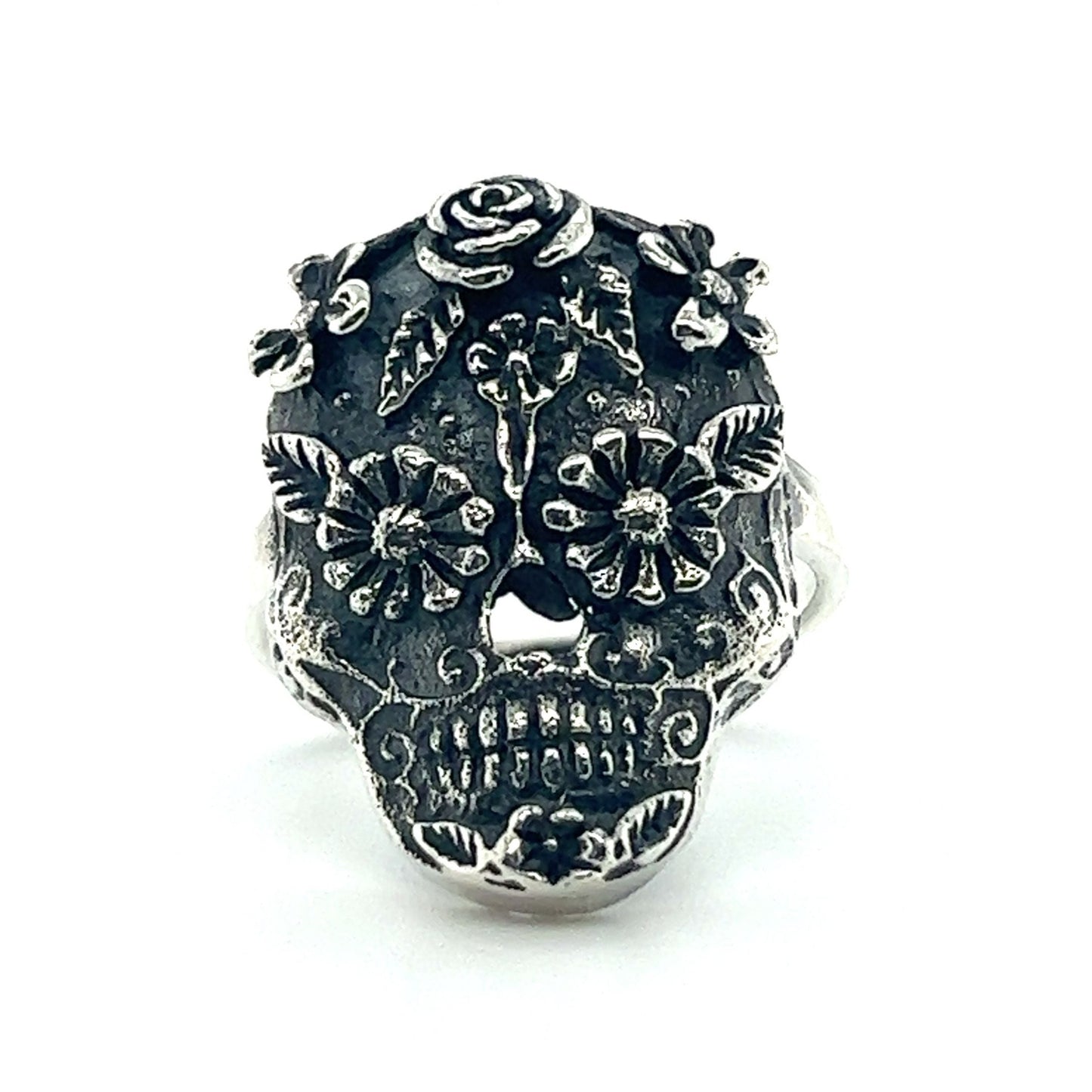 A sterling silver Intricate Sugar Skull Ring with gothic flowers.