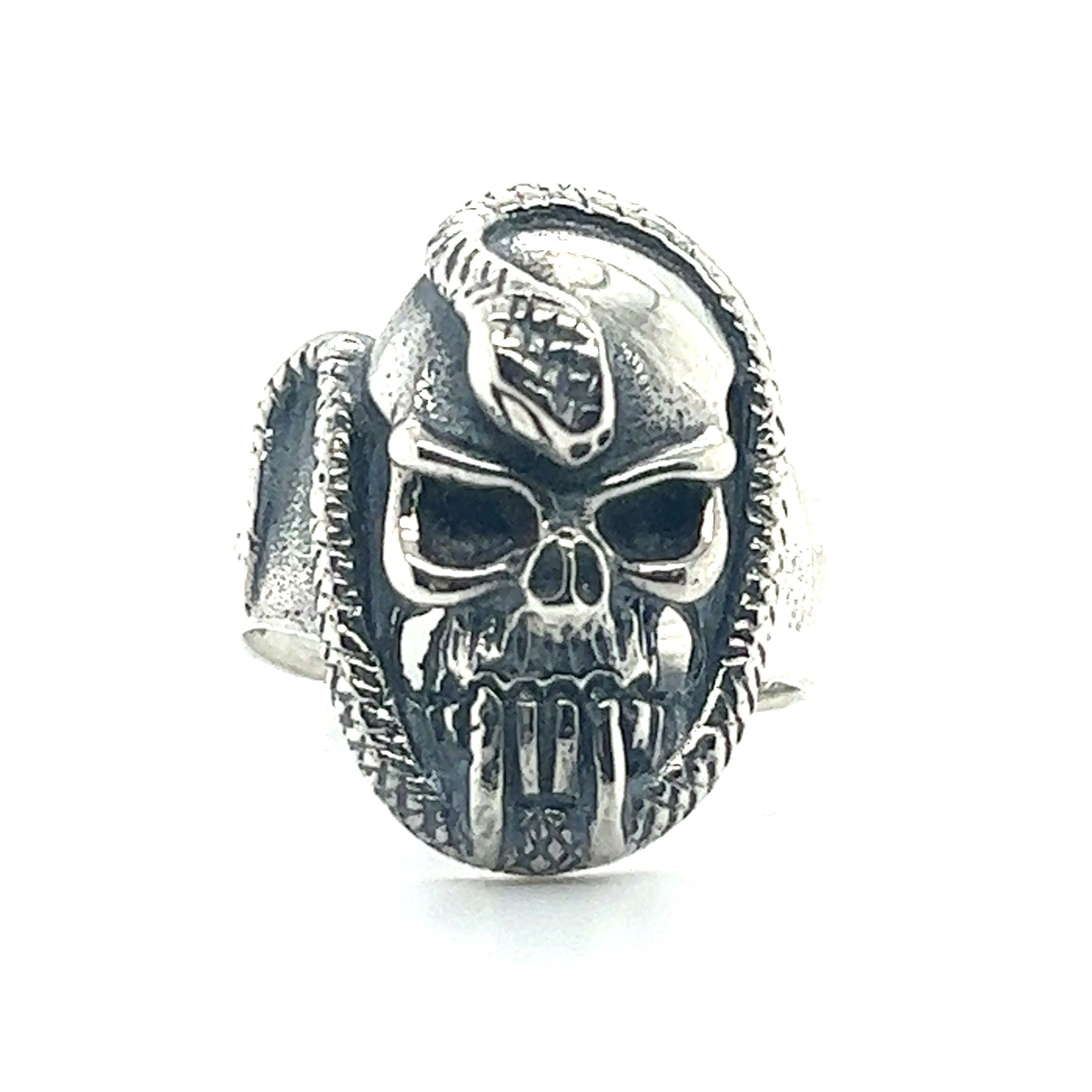 A Super Silver Skull Ring with Intertwined Snake.
