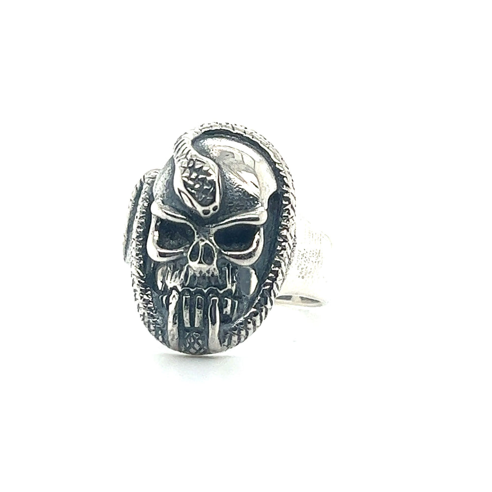 
                  
                    A Super Silver Skull Ring with Intertwined Snake.
                  
                