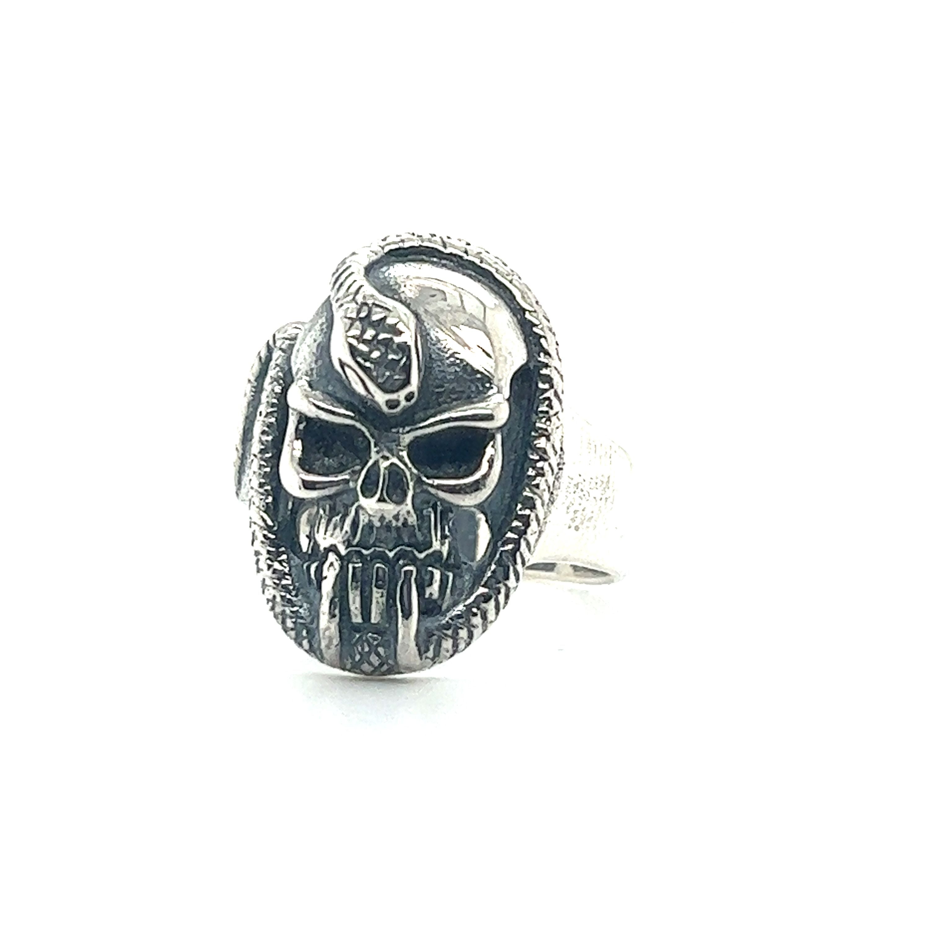 A Super Silver Skull Ring with Intertwined Snake.