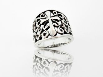 A Super Silver Thick Band Cross Ring With Open Filigree.