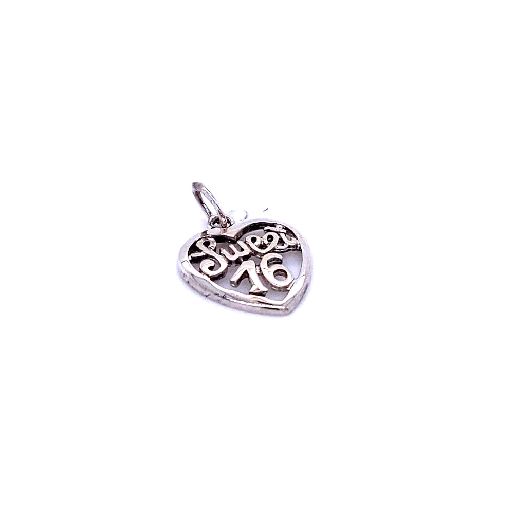 A Super Silver "Sweet 16" In Open Heart Pendant charm with the word 'sister' on it.