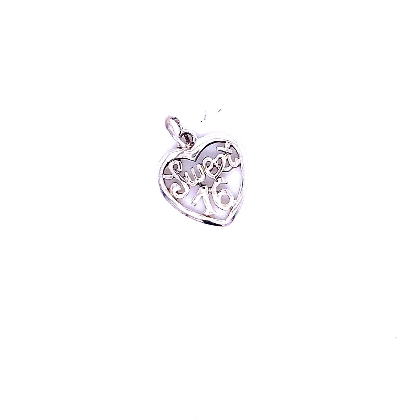 A "Sweet 16" In Open Heart Pendant with the word love on it, by Super Silver.