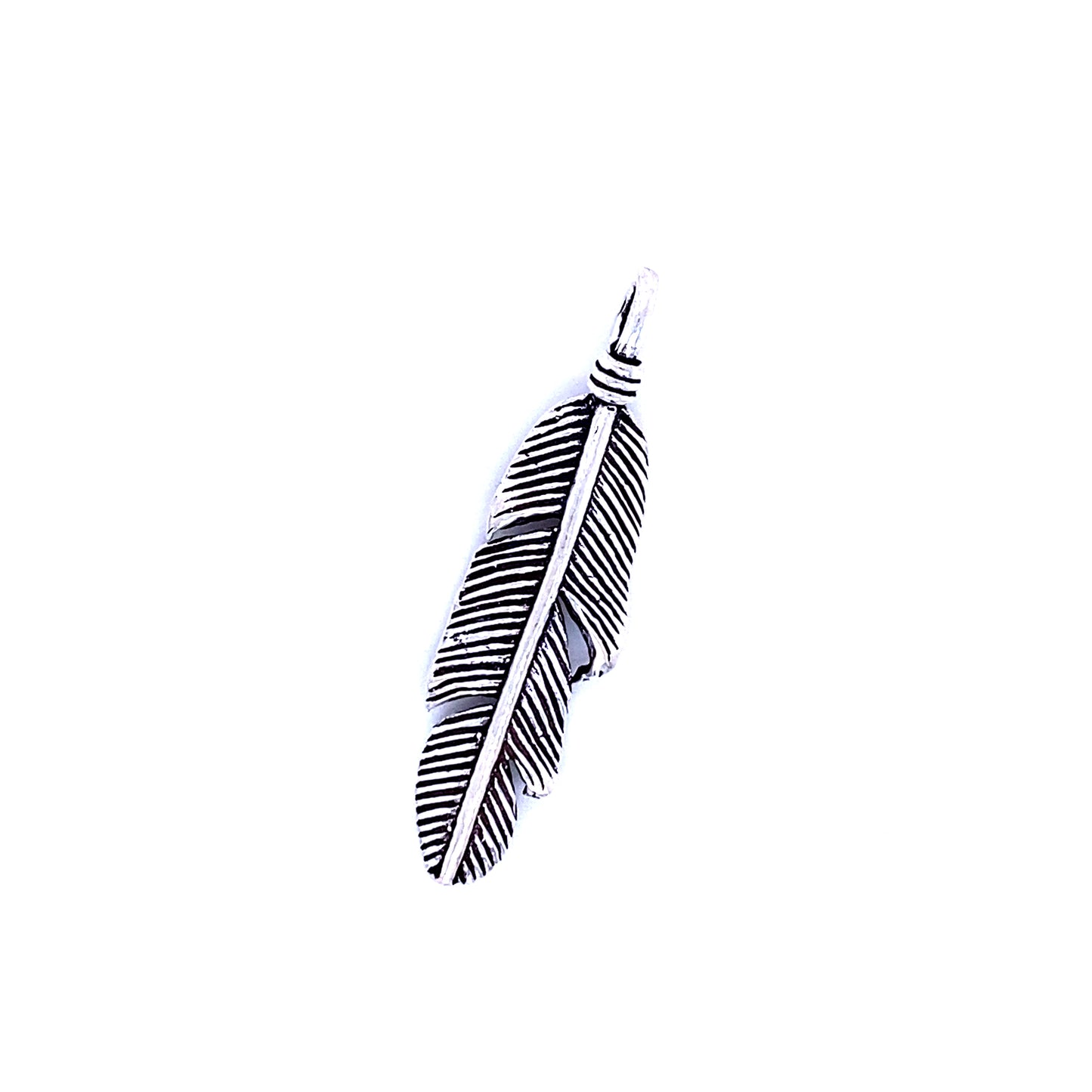 A Super Silver Rustic Feather Pendant necklace on a white background.