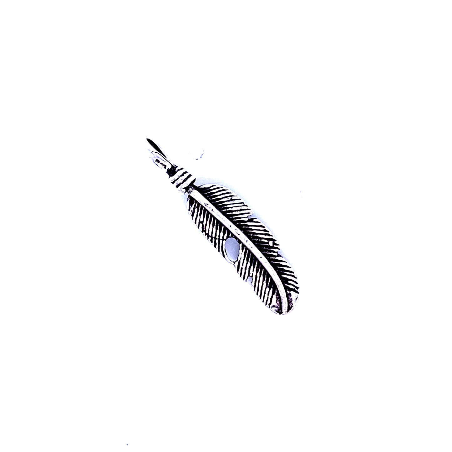 A Curved Feather Pendant necklace from Super Silver with an oxidized finish on a white background.