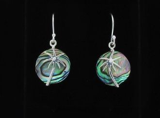 A pair of Super Silver Abalone Shell Earrings with Silver Palm Tree.