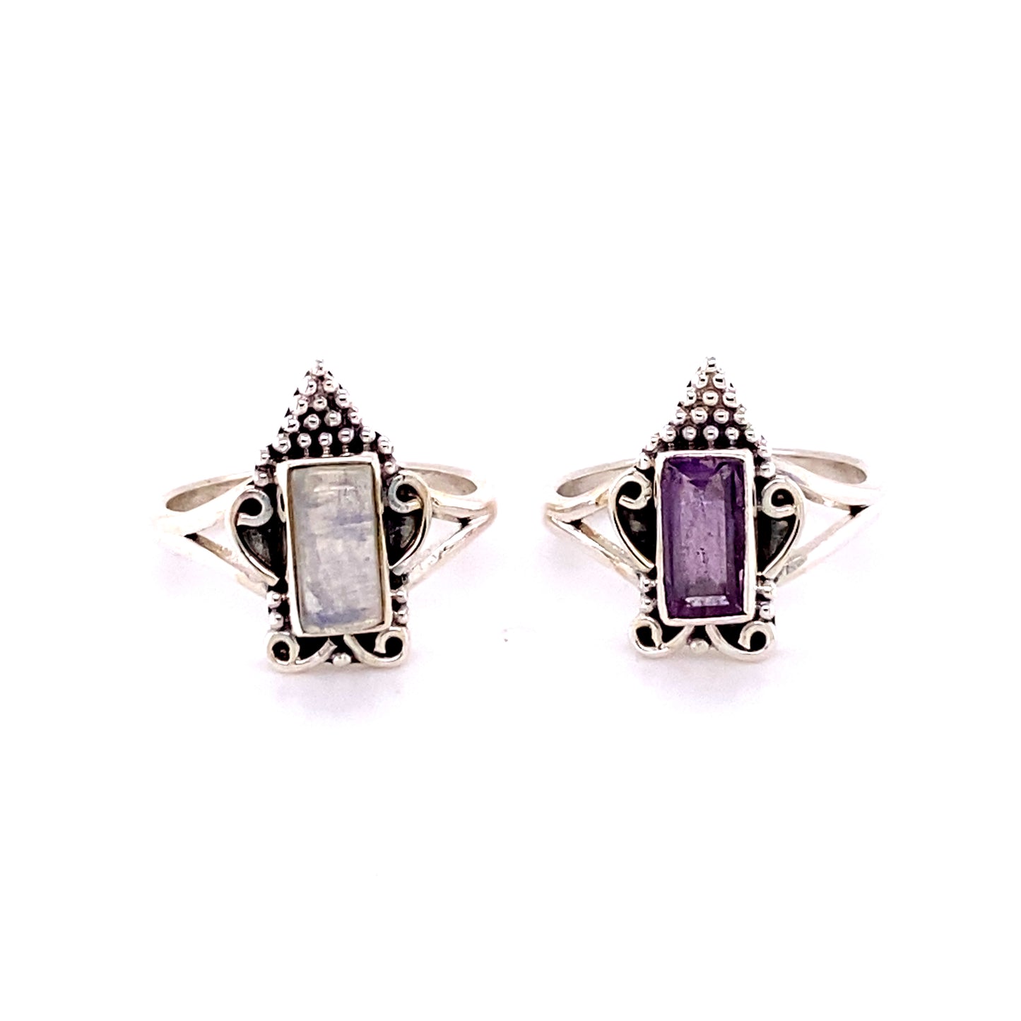 A pair of Bohemian Princess Rings by Super Silver with moonstones and amethyst stones.