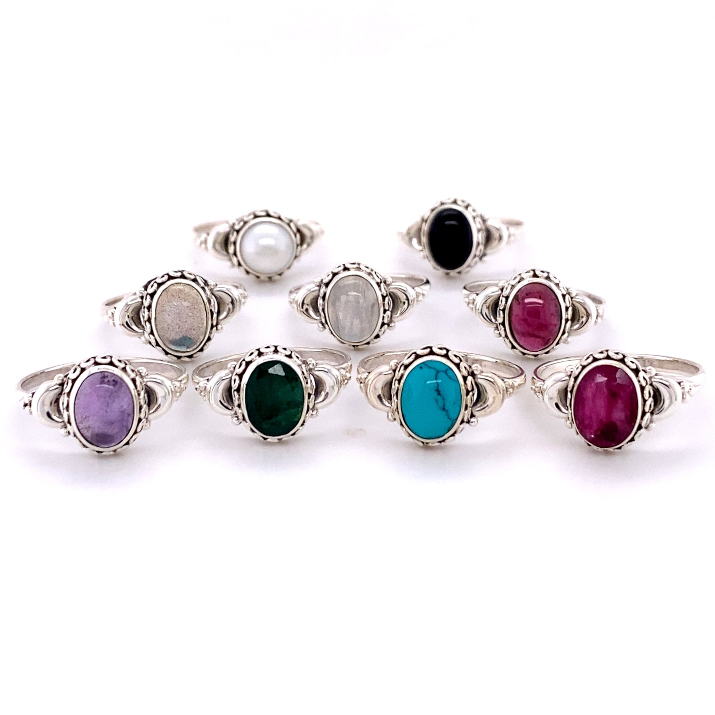 A set of Beautiful Oval Gemstone Rings with Small Moons, perfect for the free-spirited hippie.