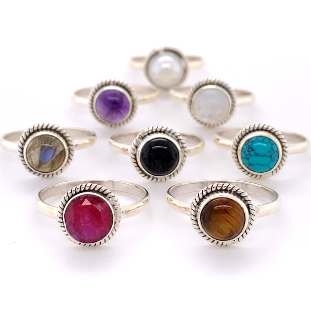 A set of Simple Round Gemstone Rings with Rope Border, perfect for those with a bohemian or Santa Cruz style.