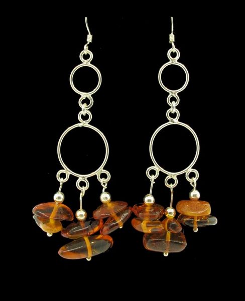 A pair of Super Silver Hoop Dangle Earrings with Amber glass beads.