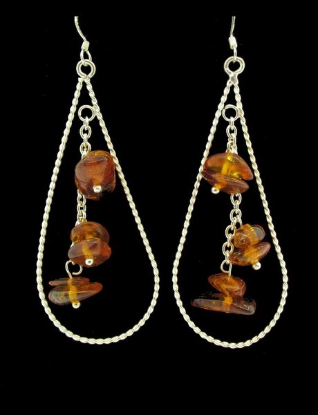 Teardrop Shaped Dangle Earrings with Amber beads.