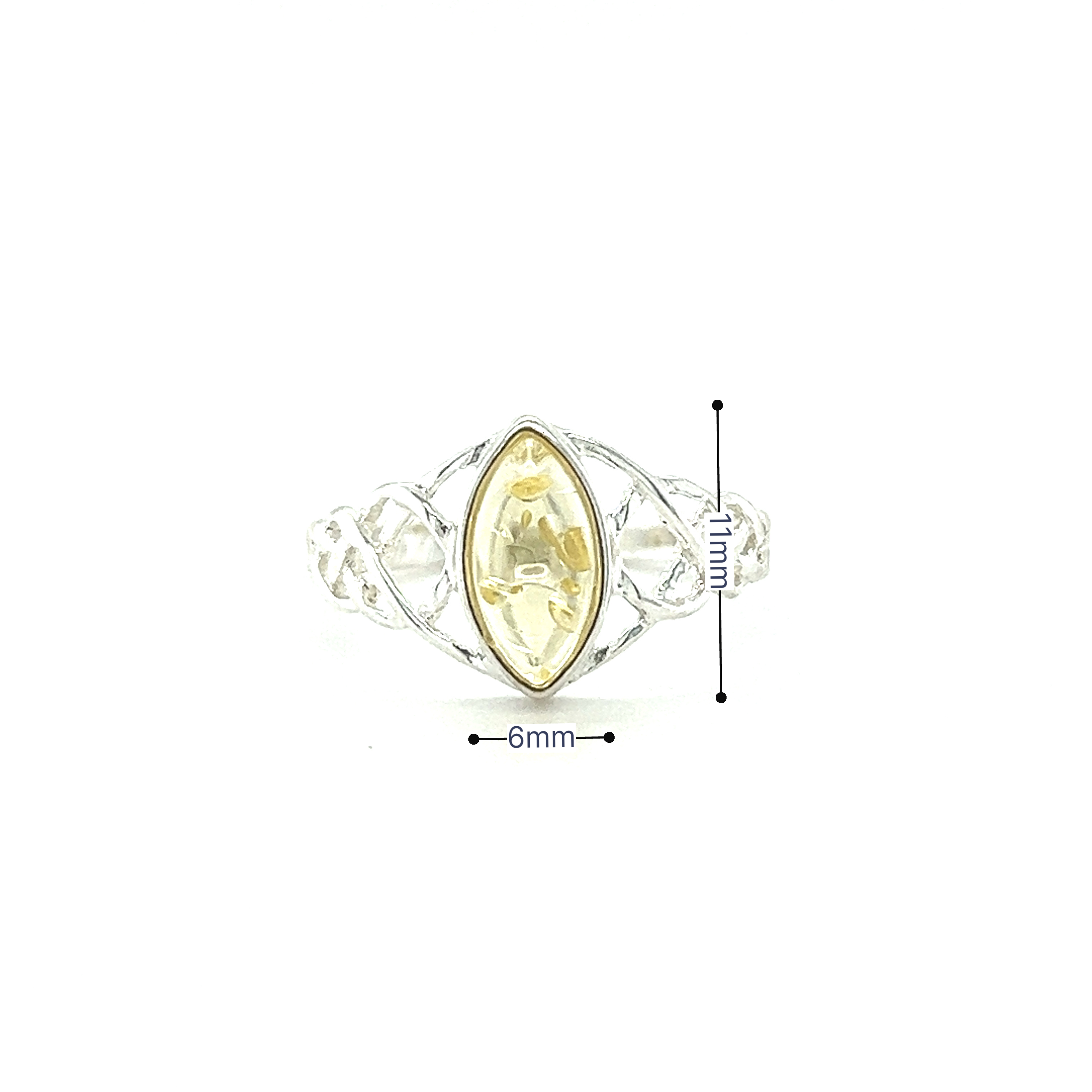 A Baltic Amber Marquise Shaped Celtic Style Ring with a glowing yellow citrine stone from Super Silver.