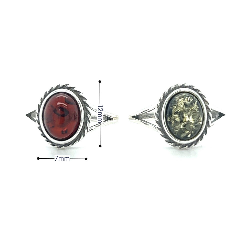 A Timeless Baltic Amber Ring with Twisted Border from Super Silver, known for its mental clarity and healing properties, paired with another silver ring featuring a vibrant red stone.