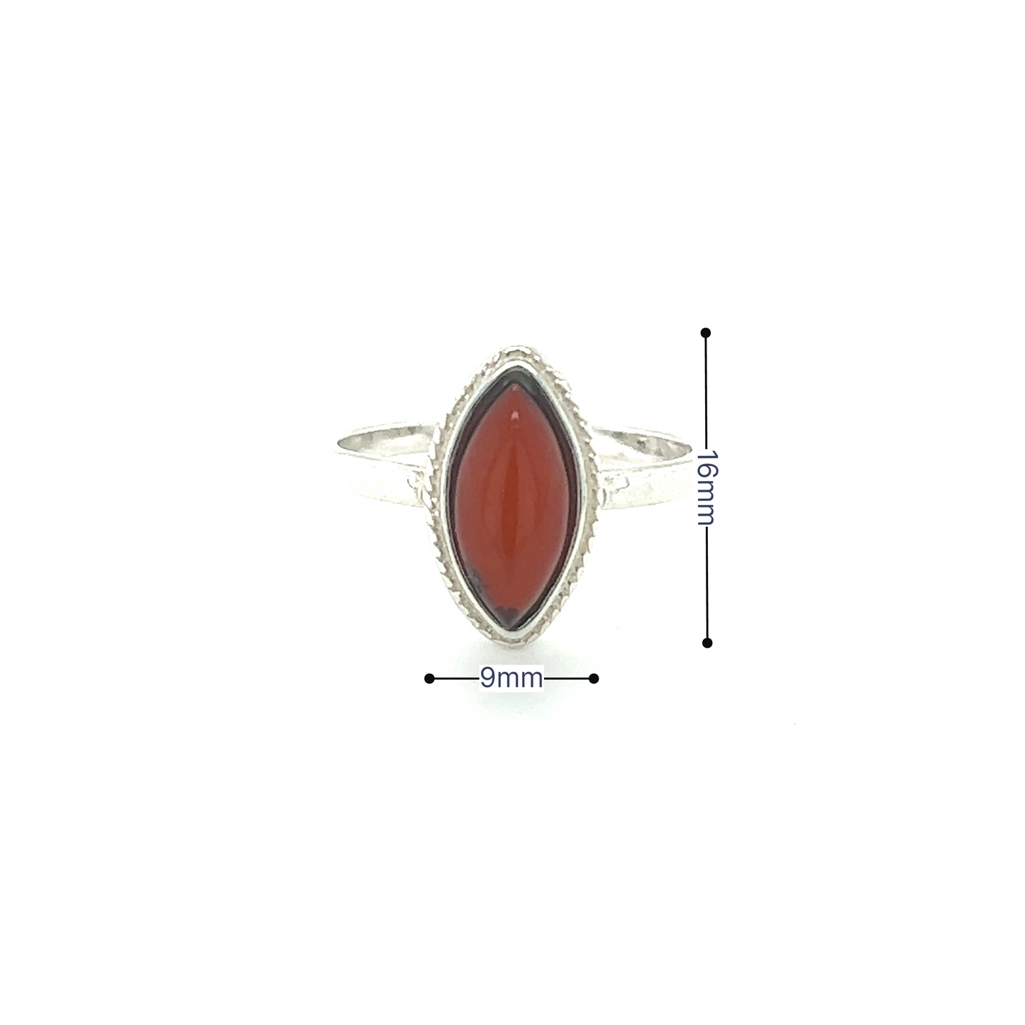 
                  
                    A Super Silver Marquise Baltic Amber Ring with Delicate Rope Border, with a marquise-shaped red stone in the middle.
                  
                