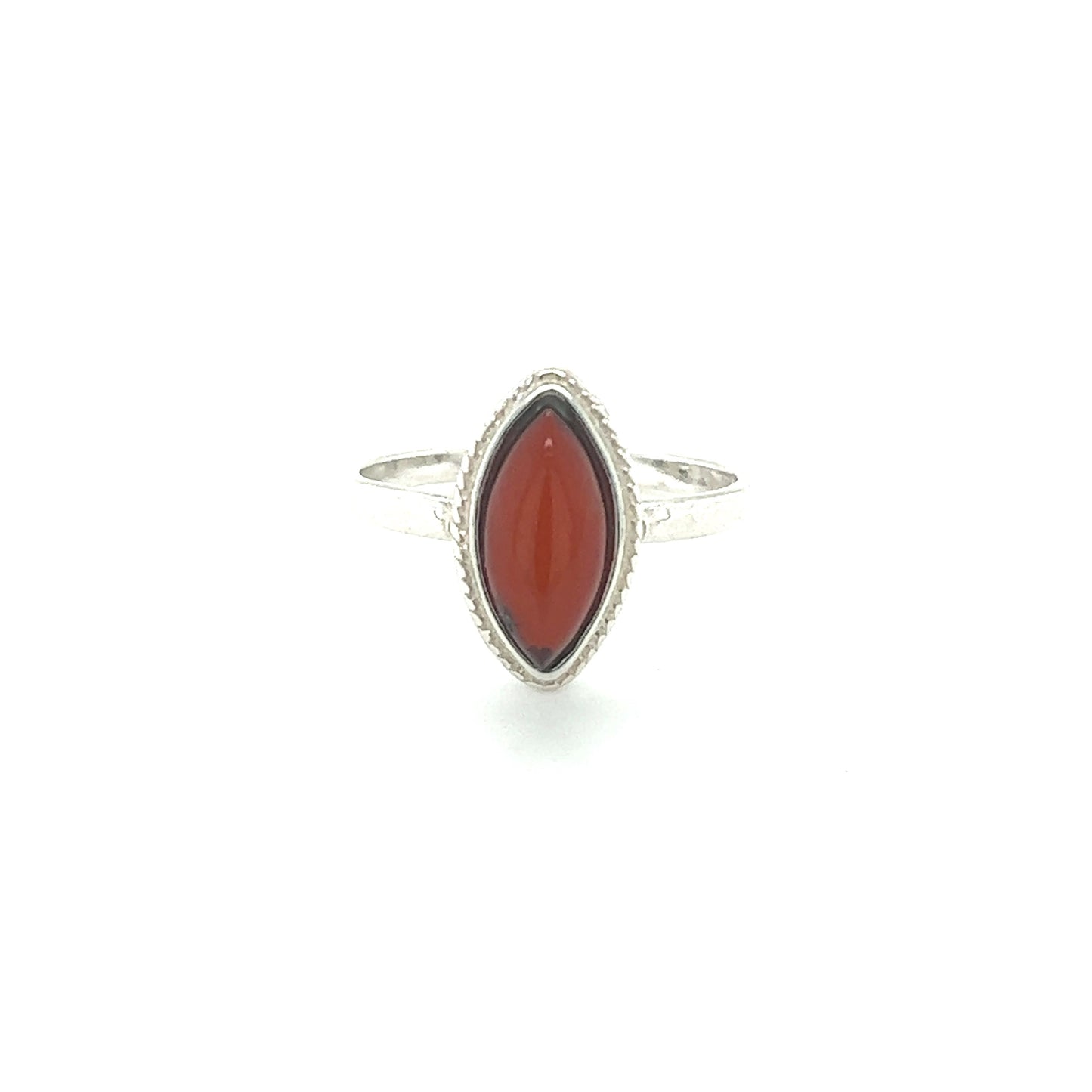 
                  
                    A Marquise Baltic Amber stone adorns a Super Silver ring.
                  
                