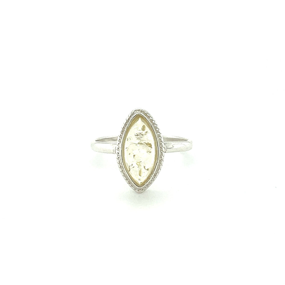
                  
                    A Super Silver Marquise Baltic Amber Ring with Delicate Rope Border.
                  
                