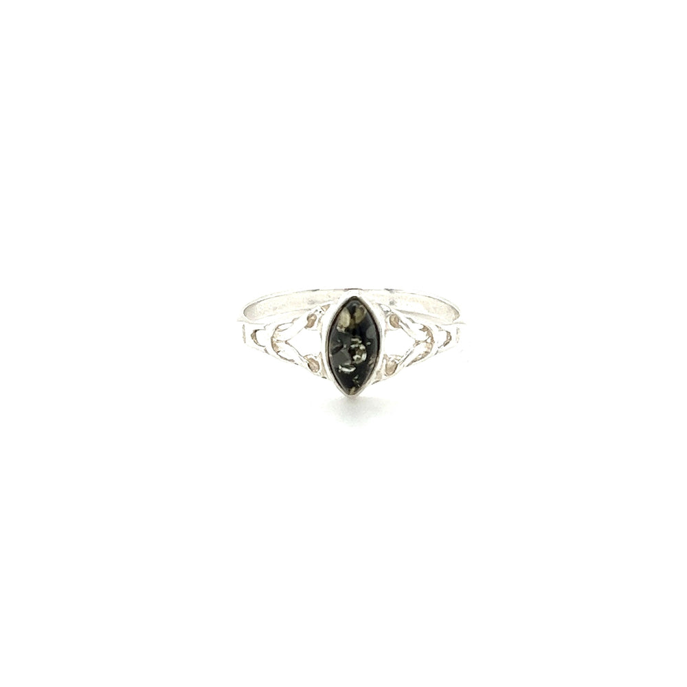 
                  
                    Description: The Delicate Celtic Inspired Amber Ring by Super Silver, a perfect sterling silver ring with a black stone, is ideal for healing and spiritual growth.
                  
                