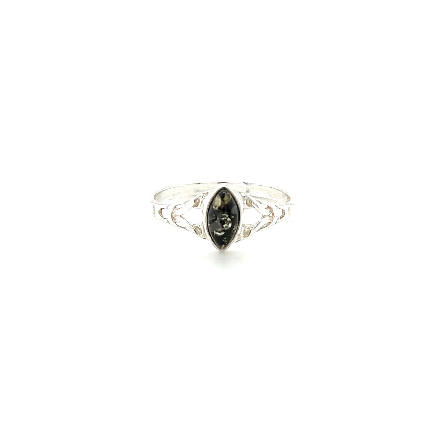 
                  
                    Description: The Delicate Celtic Inspired Amber Ring by Super Silver, a perfect sterling silver ring with a black stone, is ideal for healing and spiritual growth.
                  
                