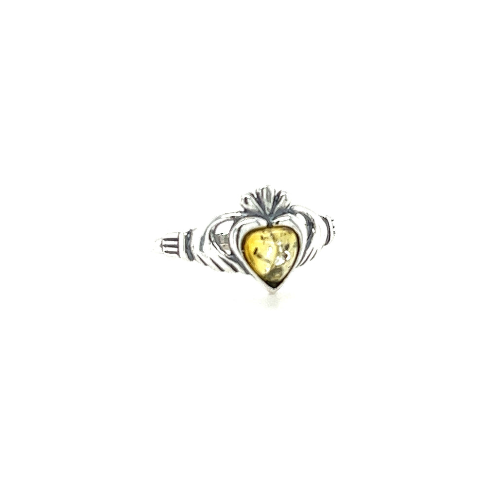 
                  
                    A Super Silver Claddagh Amber Heart Ring, symbolizing love and friendship.
                  
                