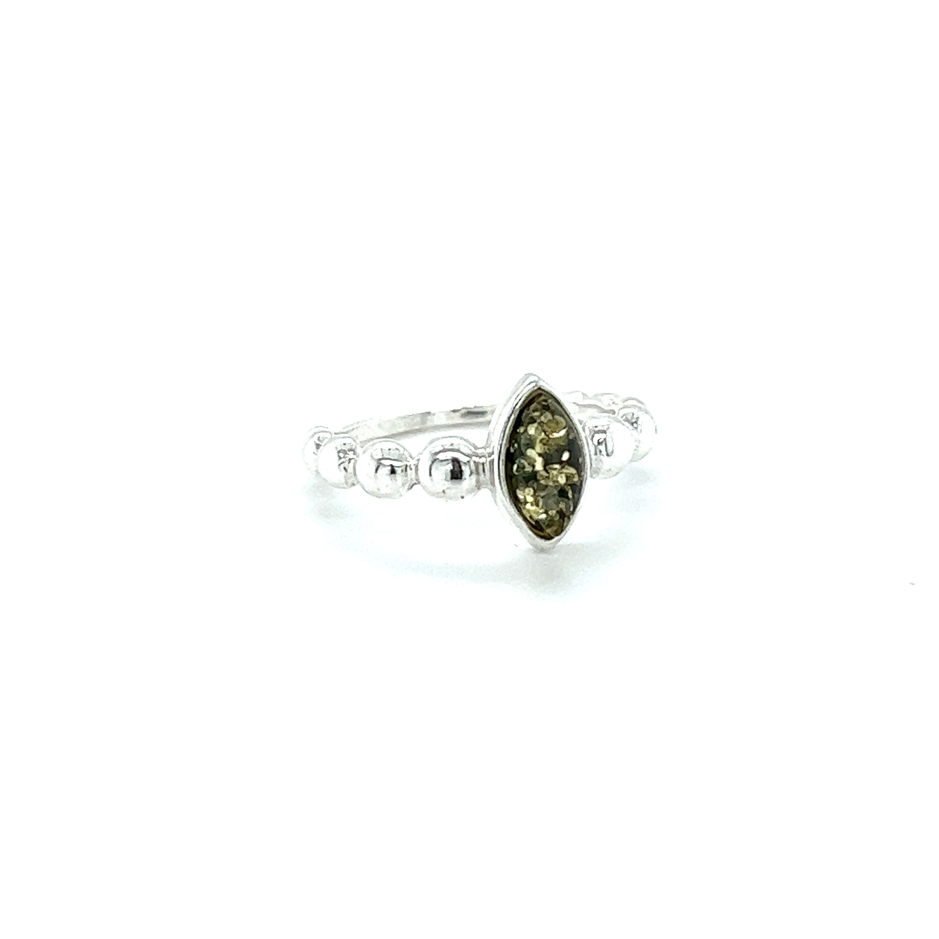 A Super Silver Modern Amber Ring with Half Beaded Band with a Baltic amber stone.
