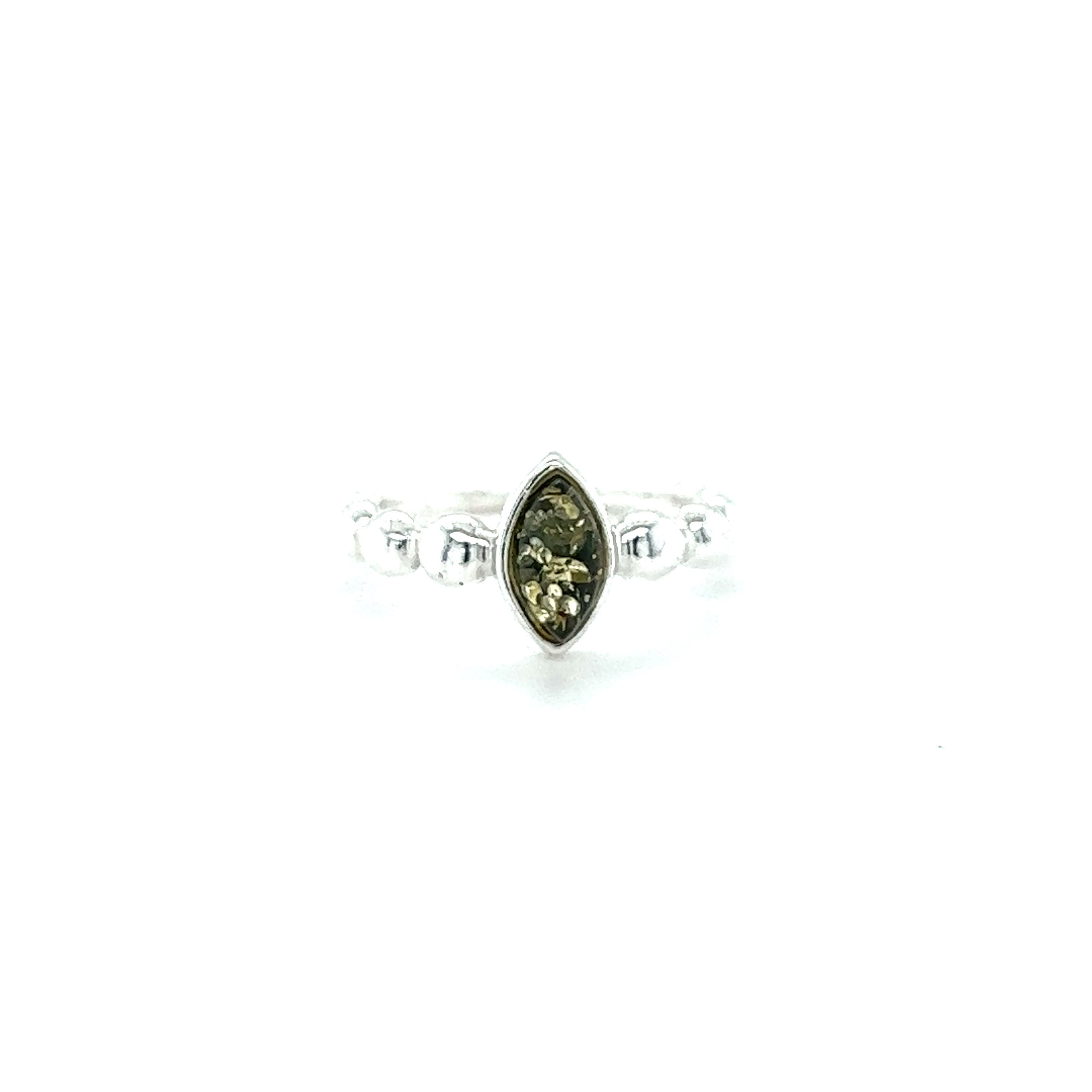 A Modern Amber Ring with Half Beaded Band crafted in .925 Sterling Silver by Super Silver.