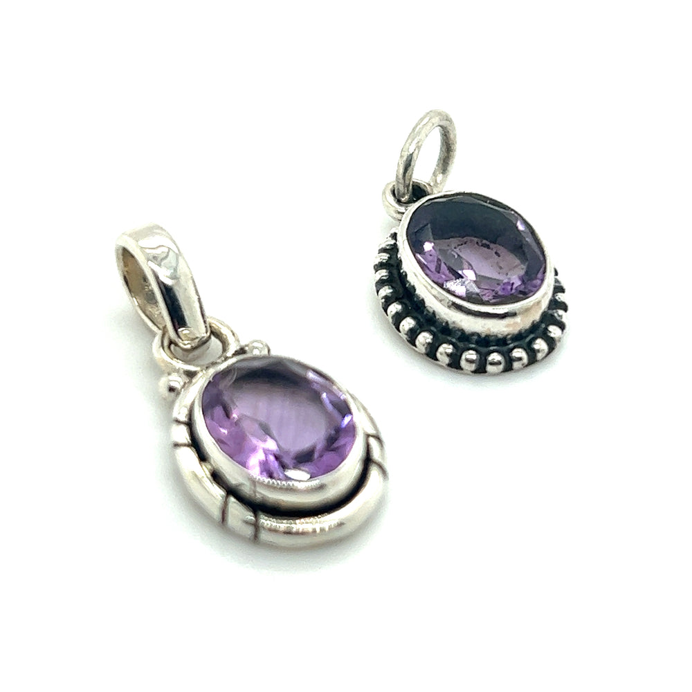 
                  
                    Versatile and soothing, these Oval Faceted Amethyst Pendants are crafted with Super Silver.

                  
                