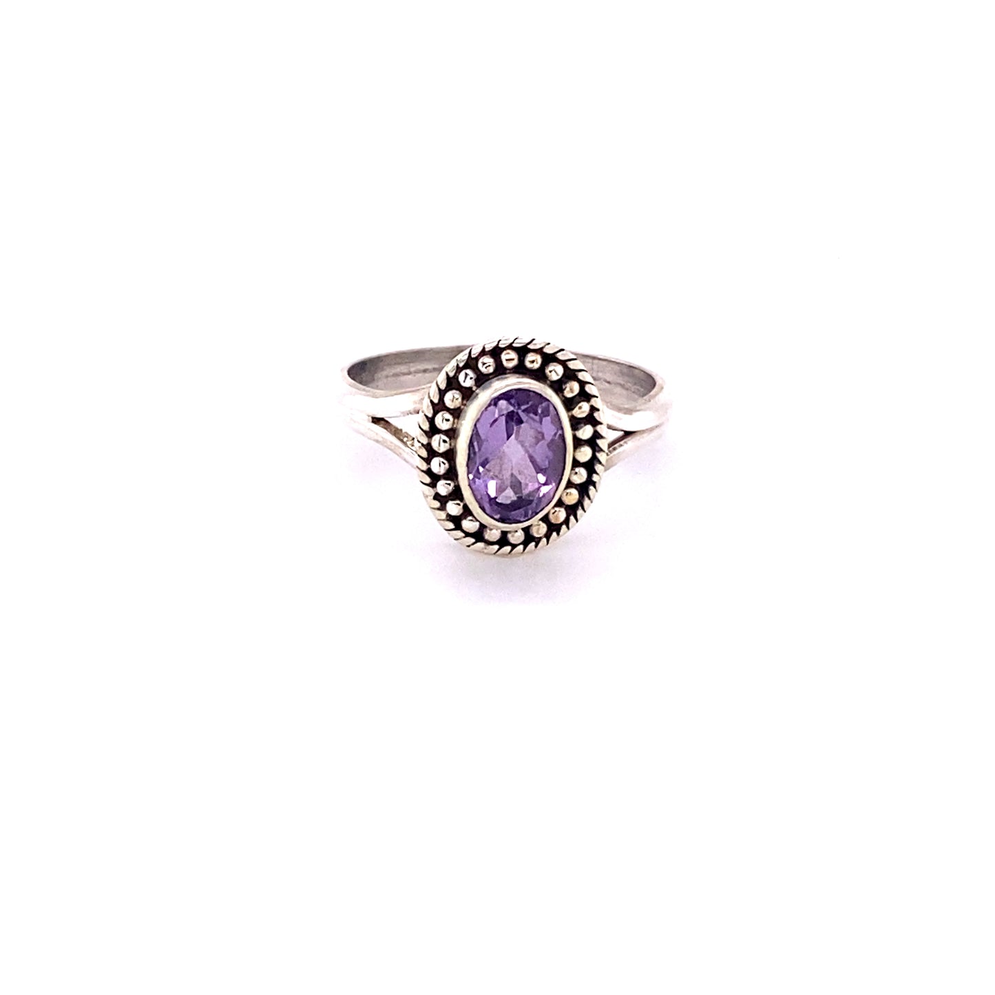 Oval Gemstone Ring with Ball Disk Rope Border in sterling silver.