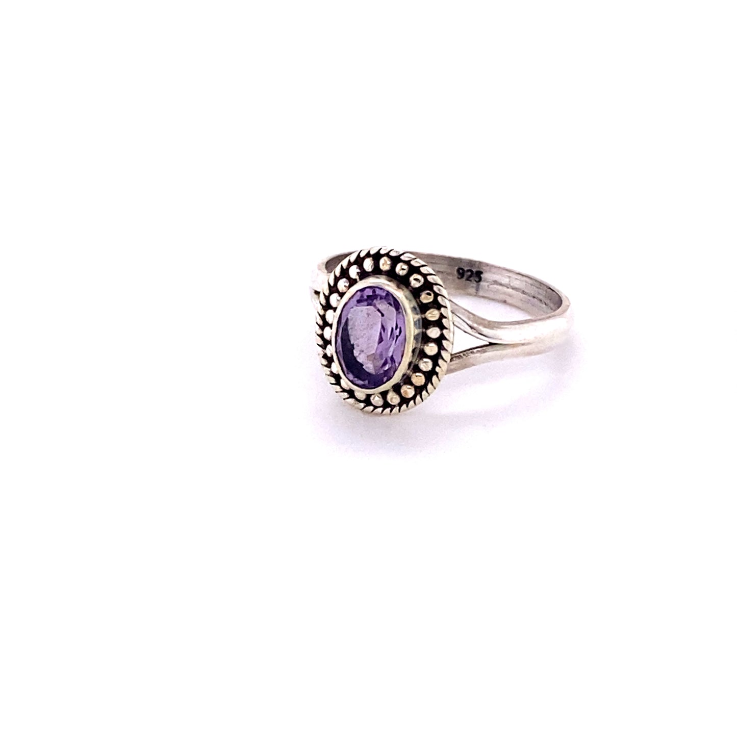 
                  
                    Boho-inspired Oval Gemstone Ring with Ball Disk Rope Border in sterling silver.
                  
                