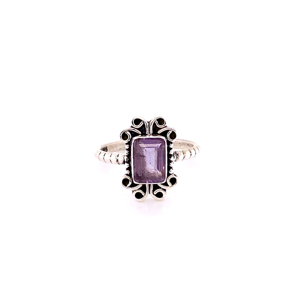 A Natural Gemstone Square Ring with Swirls showcasing an amethyst on a white background, perfect for Santa Cruz hippie vibes.