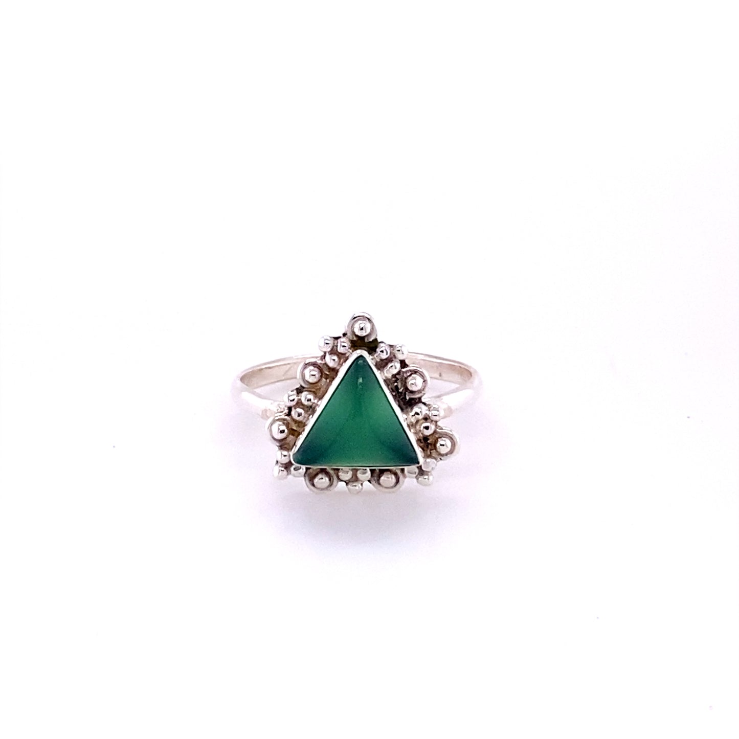 
                  
                    A Delicate Gemstone Triangle Ring with a cabochon stone in the middle.
                  
                