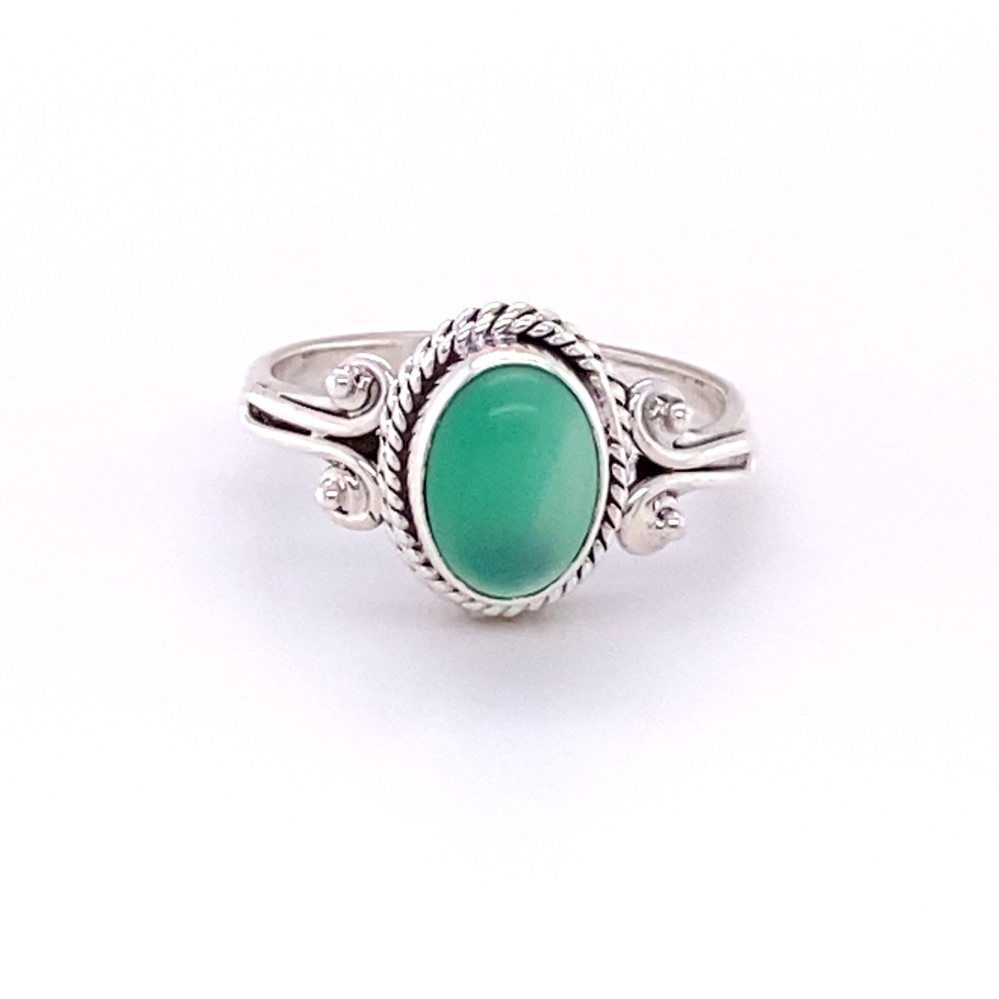 An Oval Natural Gemstone Ring with Rope and Long Spiral Border with a vibrant green stone.