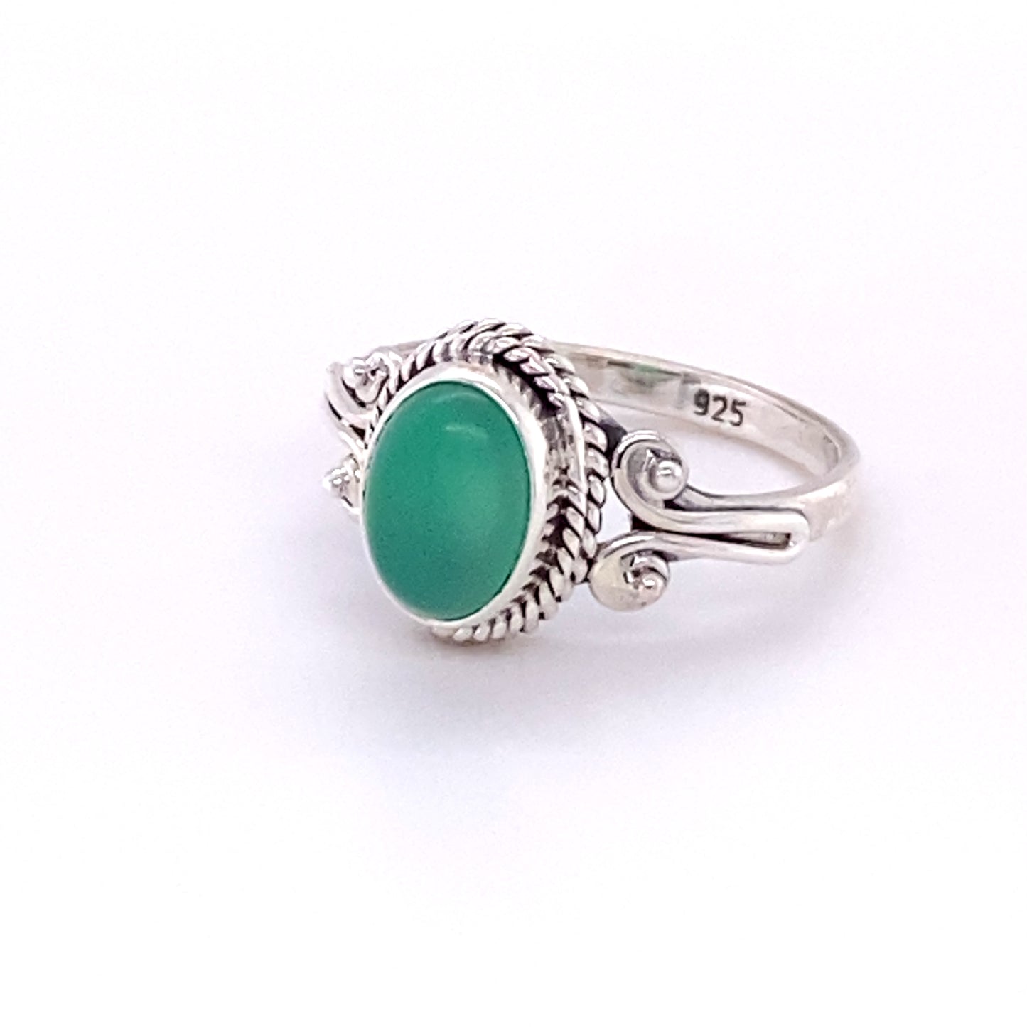 
                  
                    A boho Silver Oval Natural Gemstone Ring with Rope and Long Spiral Border.
                  
                