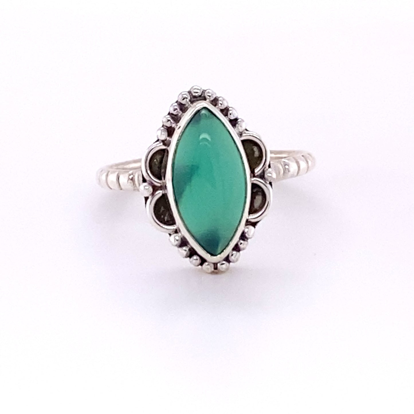 
                  
                    A Marquise Shaped Gemstone Ring with Ball Border and Textured Band with a green stone.
                  
                