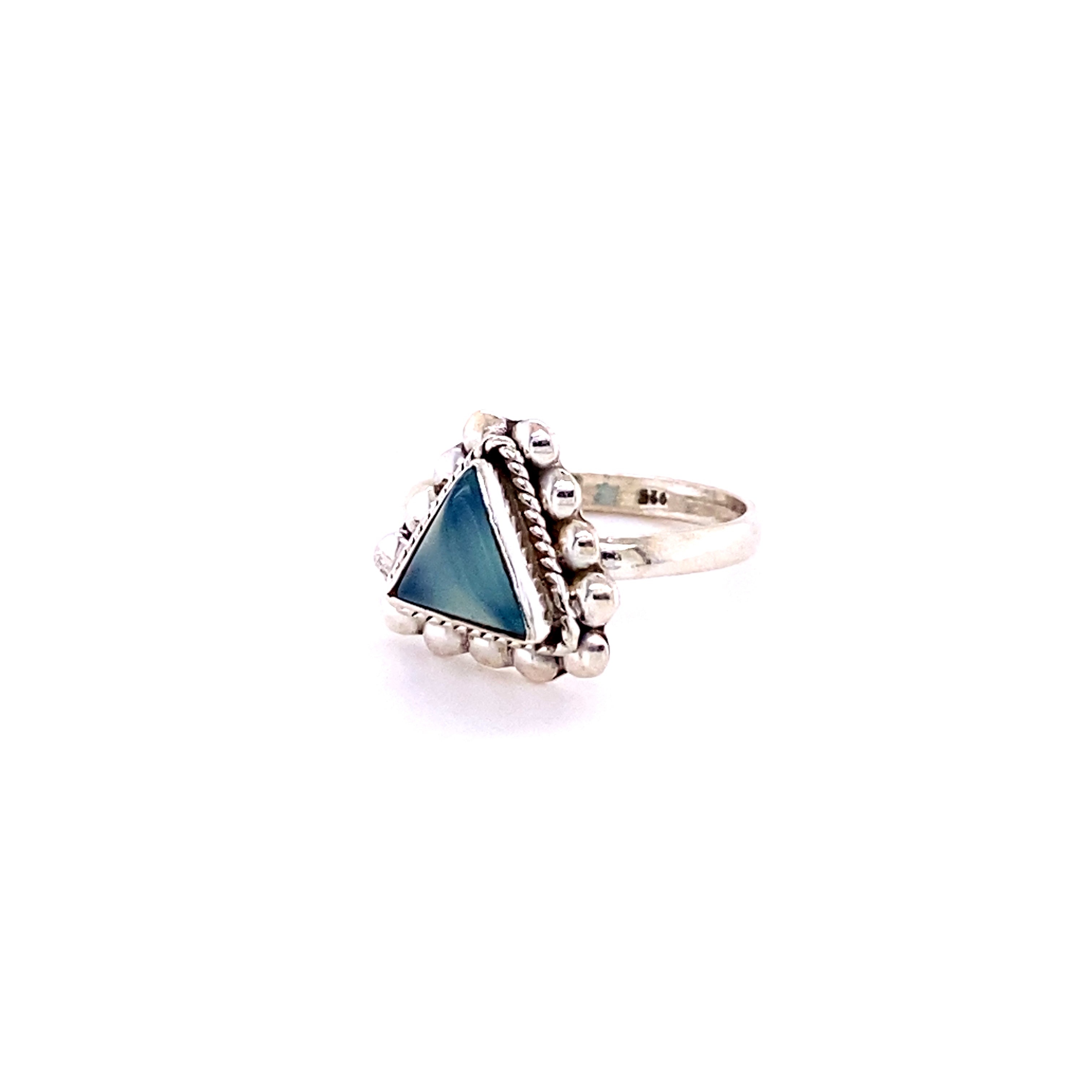 Three Stone Hexagonal Turquoise Engagement Ring With Triangle Moissanite  Basket Setting