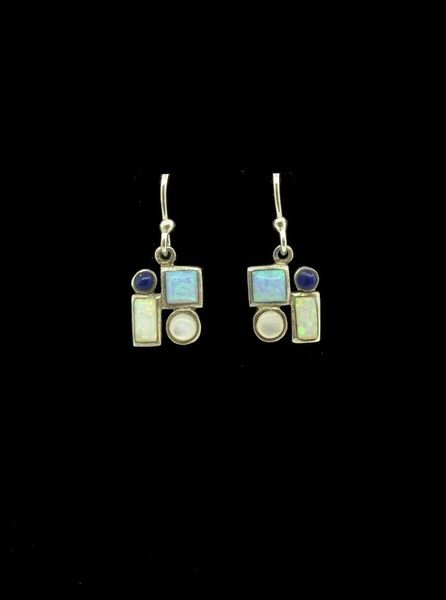 A pair of Super Silver Multicolor Created Opal Lapis Square Circle Dangle Earrings with blue and white stones.