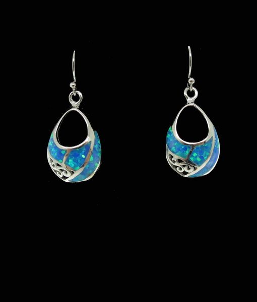 Blue Created Opal Teardrop Earrings with a Super Silver sterling silver rhodium finish.