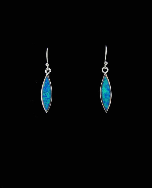 A pair of Super Silver Blue Created Opal Marquise Shape Earrings, adorned with created blue opal, set against a black background.
