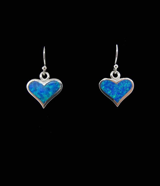 Super Silver's Blue Created Opal Heart Shaped Earrings on a black background.
