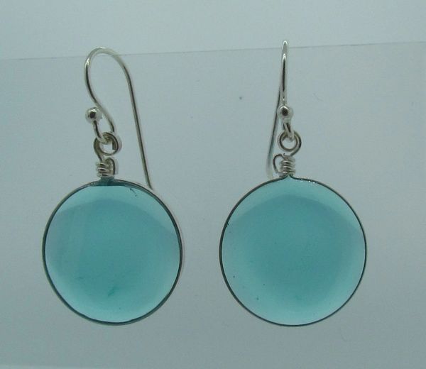 A pair of Super Silver Blue Round Glass Dangle Earrings on a white background.